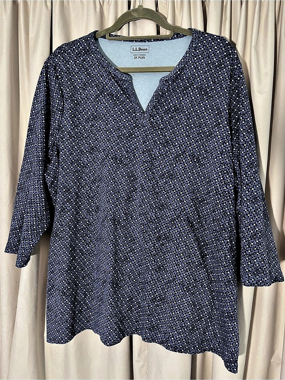L.L.Bean 2X Plus Blue Print Split Neck 3/4 Sleeve Cotton Tunic Top